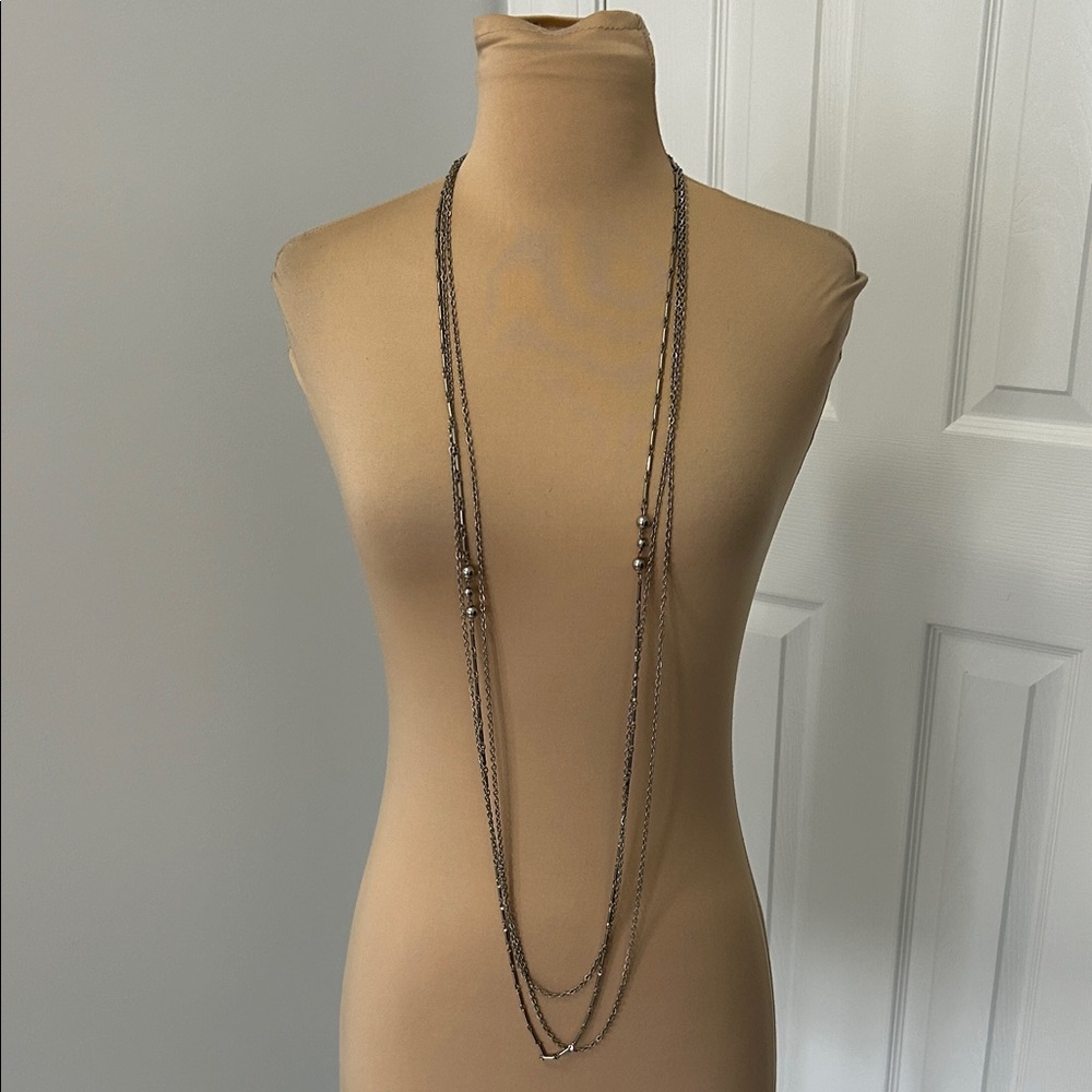 Vintage Silver Tone Triple Layer Long Necklace